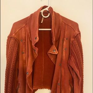 Cable knit rust orange sweater moto jacket